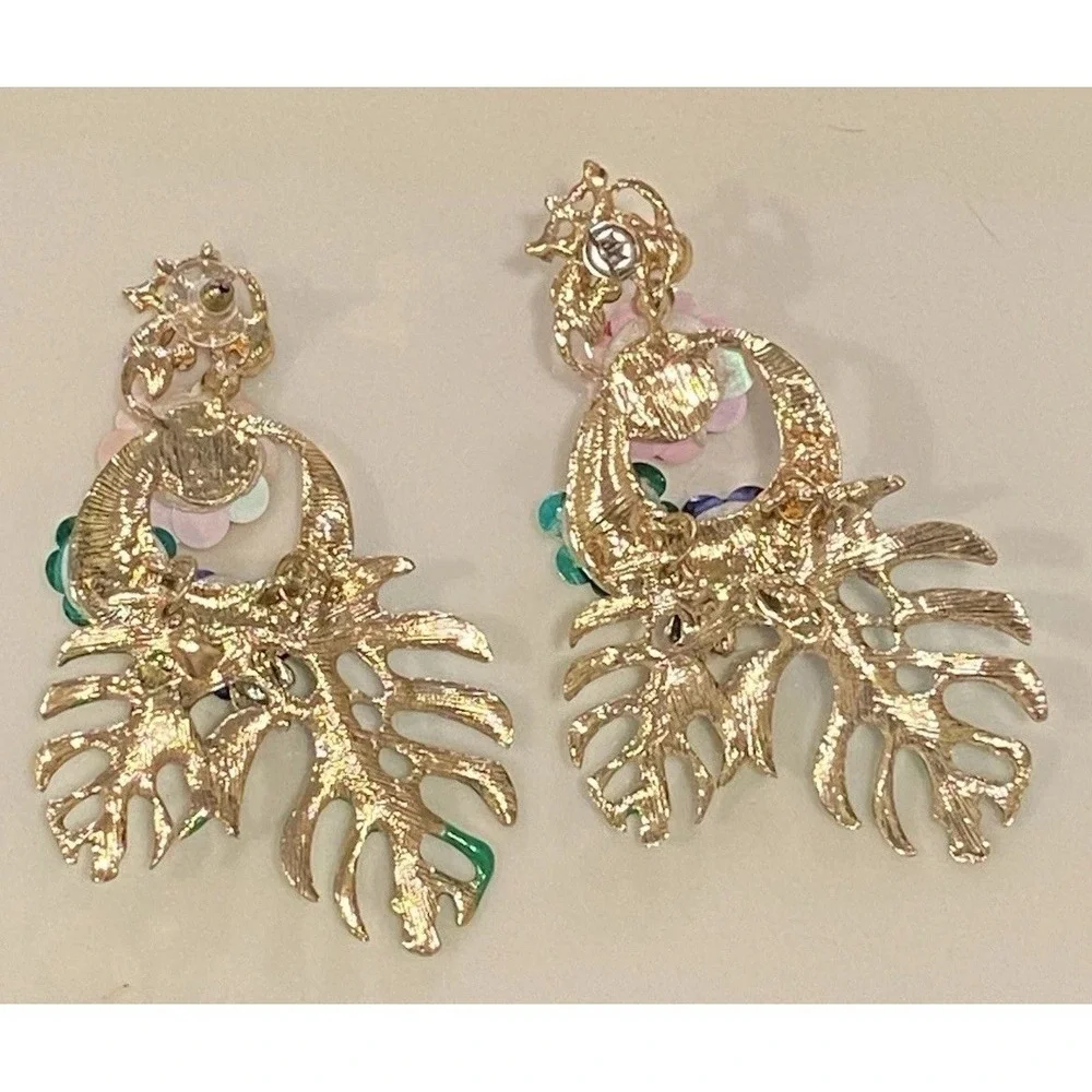 Vintage Flowers and Palm Leaf Drop Pierced Earrings 3.5 Inches Long Multi-color